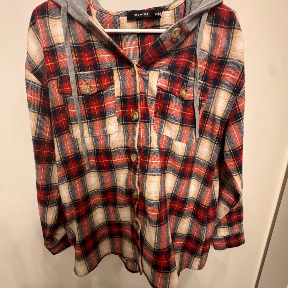 Doe & Rae Red Plaid Button-Up Hoodie